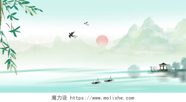 浅绿色水墨中国风风格山水水墨画背景